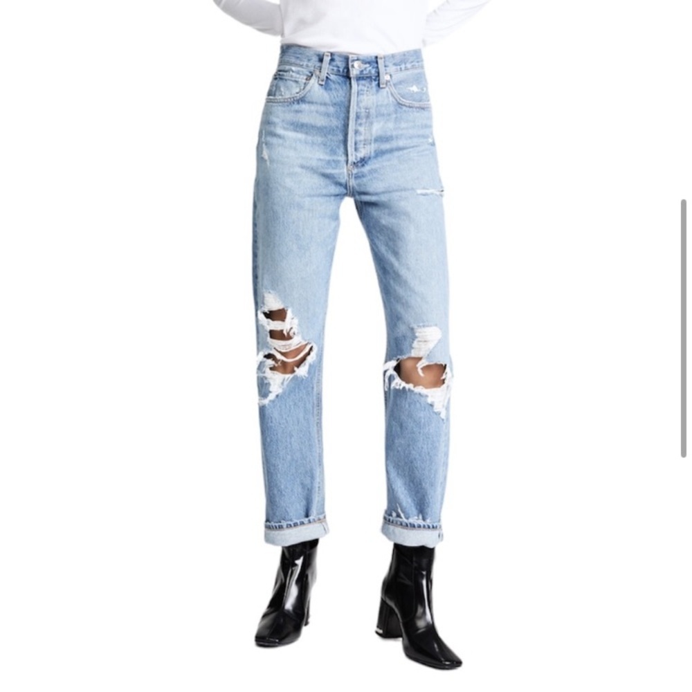 AGOLDE 100% ORGANIC COTTON RIPPED KNEE BUTTON FLY HI WAISTED JEANS MADE IN USA